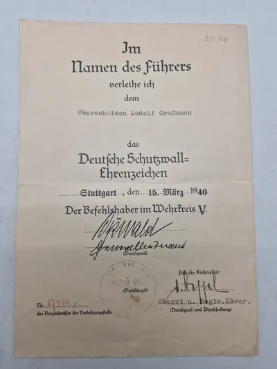 Originalt Tysk urkunde Schutzwall ehrenzeichen underskrevet af General der Infanterie Erwin Oßwald