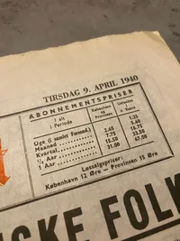 Original dansk besættelses avis - 9.april 1940