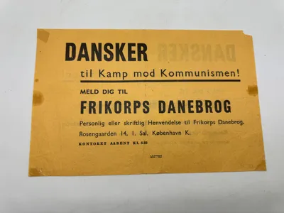 Original WW2  løbeseddel fra Frikorps Dannebrog, Wilfred Petersen (1905-1981)