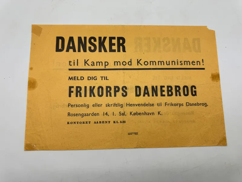 Original WW2  løbeseddel fra Frikorps Dannebrog, Wilfred Petersen (1905-1981)