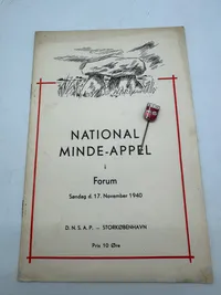 Original Nål fra D.N.S.A.P. nationale minde Appel 1940 over de faldne 9 april (program medfølger ikke). Kendes kun i ganske få eksemplarer, delvis fjernet Heimburger stempel