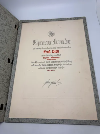 Originalt tysk DAF æres urkunde - ww2