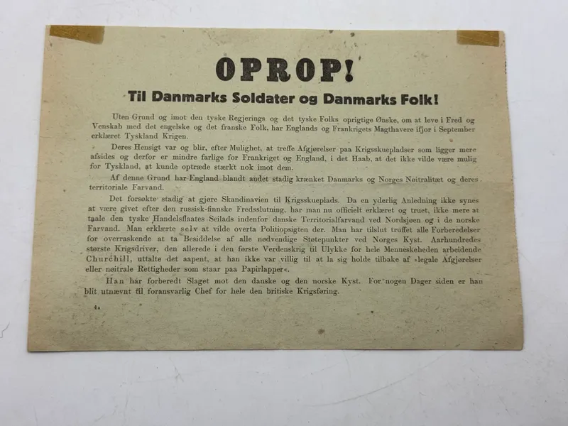 Originalt Oprop nedkastet over Danmark den 9 April 1940
