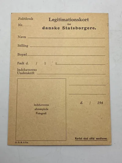 Originalt ubrugt legitimationskort - anvendt af modstandsbevægelsen til at forfalske id med