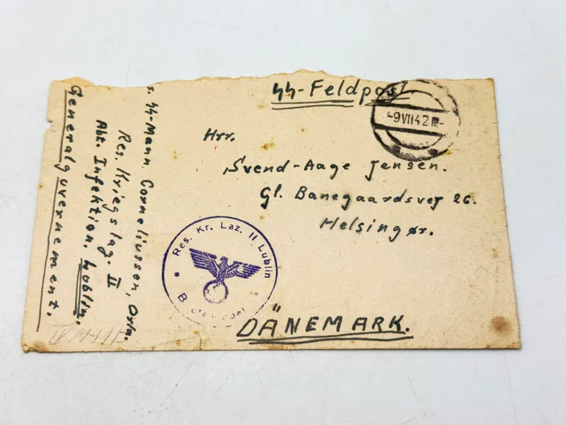 Original feldpost kuvert sendt fra frivillig til Danmark