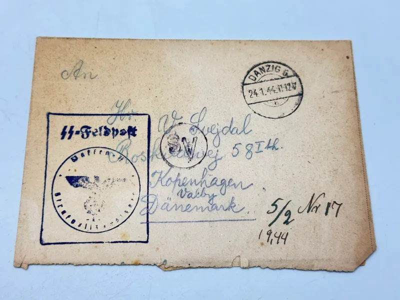 Originalt Waffen-SS brev sendt fra frivillig til Danmark