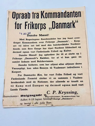 Originalt Frikorps Danmark avis udklip - stemplet med dato