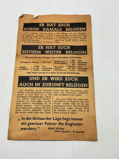 Originalt sjældent sort propaganda nedkastet fra allierede fly WW2 var forbundet med dødsstraf at besidde