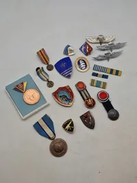 Samling diverse militære medaljer, vinger mm.