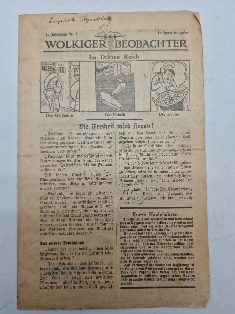 Originalt allieret sort propaganda nedkastet over Tyskland WW2  med fly