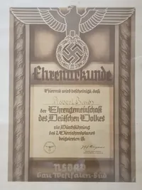 Originalt tysk "Ehrenurkunde"  (NSDAP)