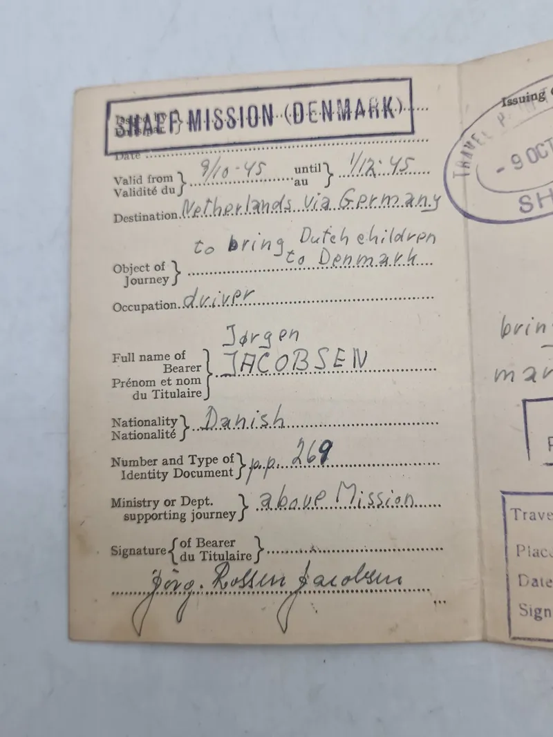 Original Alliret tilladelse fra 1945 til at hente Fattige børn i Holland