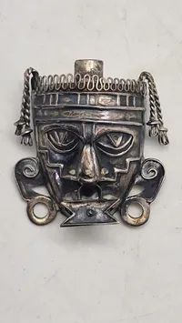 Original Vtg Ethnic Tribal Mask BROOCH PIN Sterling Silver TAXCO Signed Gemstone Détail