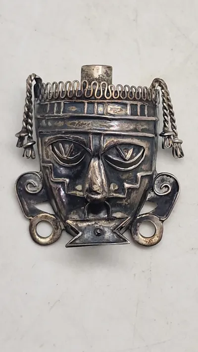 Original Vtg Ethnic Tribal Mask BROOCH PIN Sterling Silver TAXCO Signed Gemstone Détail