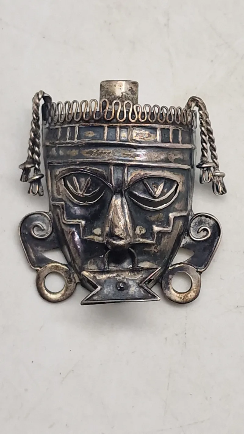 Original Vtg Ethnic Tribal Mask BROOCH PIN Sterling Silver TAXCO Signed Gemstone Détail