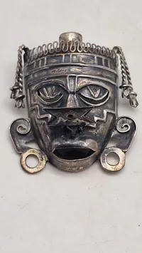 Original Vtg Ethnic Tribal Mask BROOCH PIN Sterling Silver TAXCO Signed Gemstone Détail