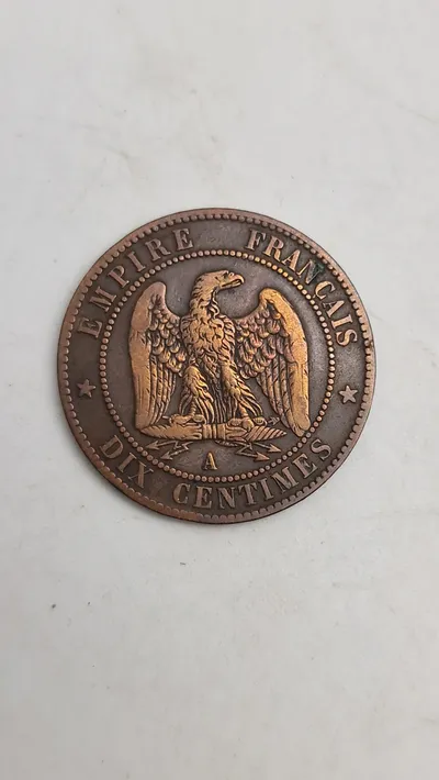 fransk 10 Centimes-mønt fra Napoleon III's regeringstid, præget mellem 1852 og 1857