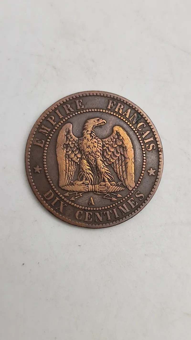 fransk 10 Centimes-mønt fra Napoleon III's regeringstid, præget mellem 1852 og 1857