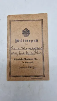 Originalt tysk Militärpas (Eisenbahn-Regiment Nr. 1.
1. Kompagnie.)
