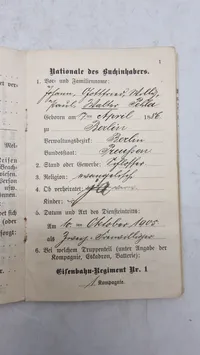 Originalt tysk Militärpas (Eisenbahn-Regiment Nr. 1.
1. Kompagnie.)