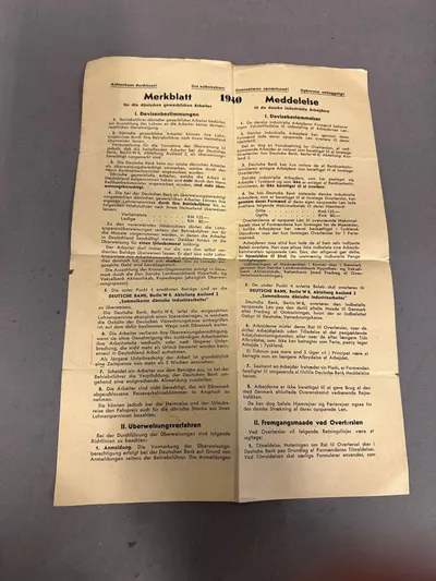 Sjælden original seddel givet til Danske arbejdere i Tyskland WW2