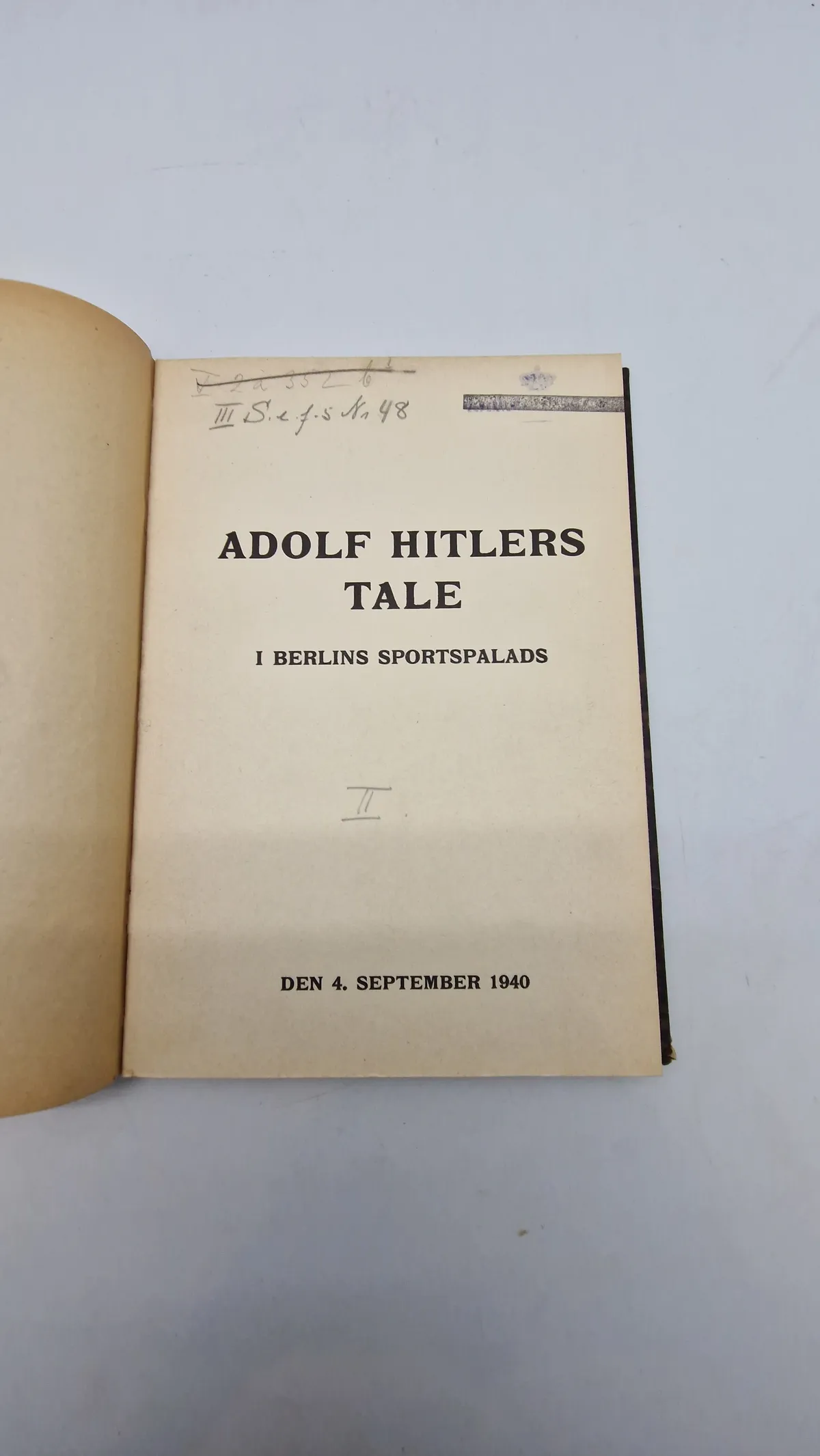 Originalt eks. af Adolf Hitlers tale i Berlins sportspalads 1940