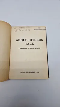 Originalt eks. af Adolf Hitlers tale i Berlins sportspalads 1940