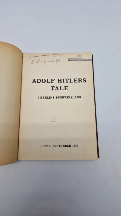 Originalt eks. af Adolf Hitlers tale i Berlins sportspalads 1940