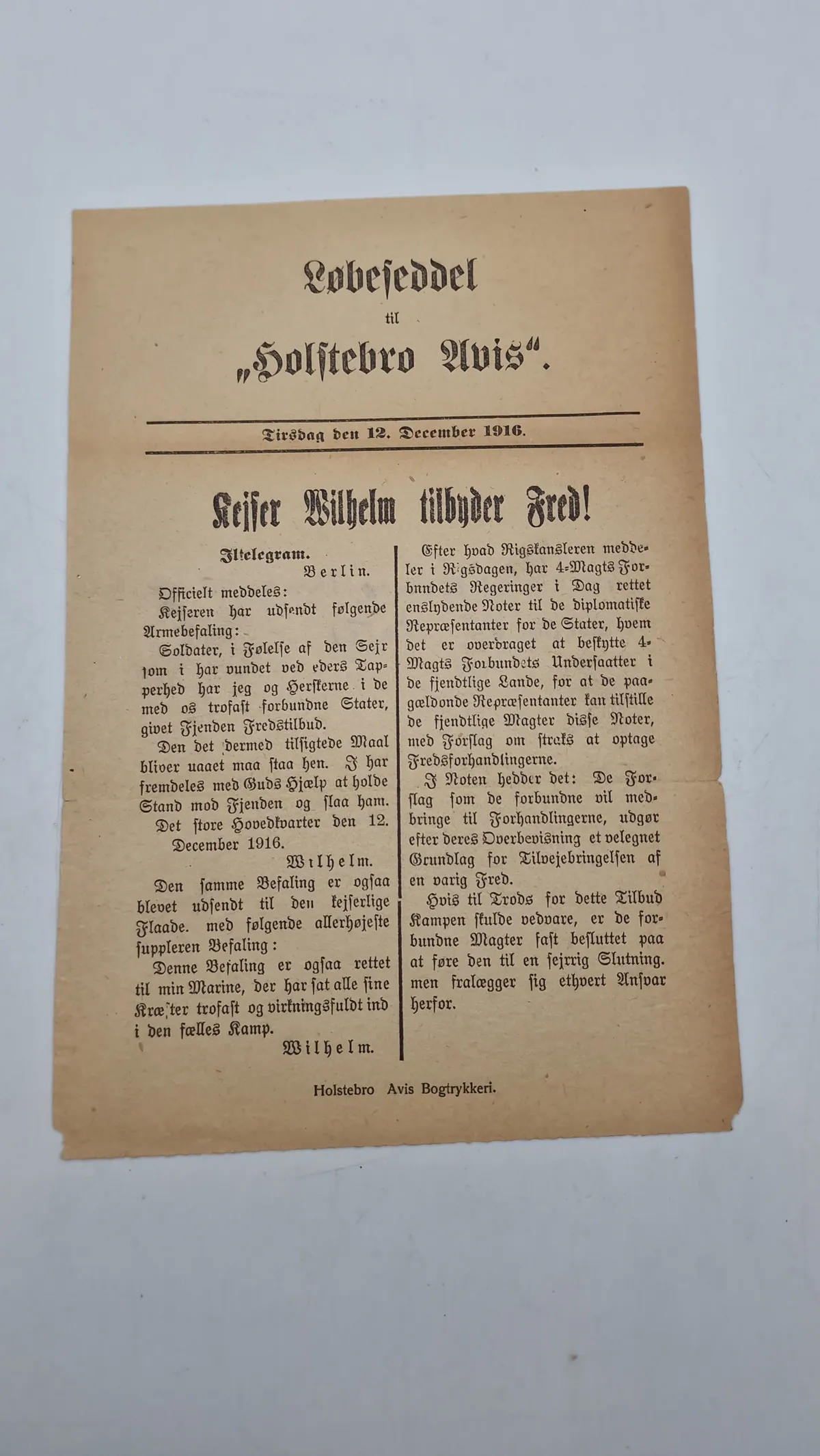Original “spiseseddel” fra 1926 (Holstebro Avis)