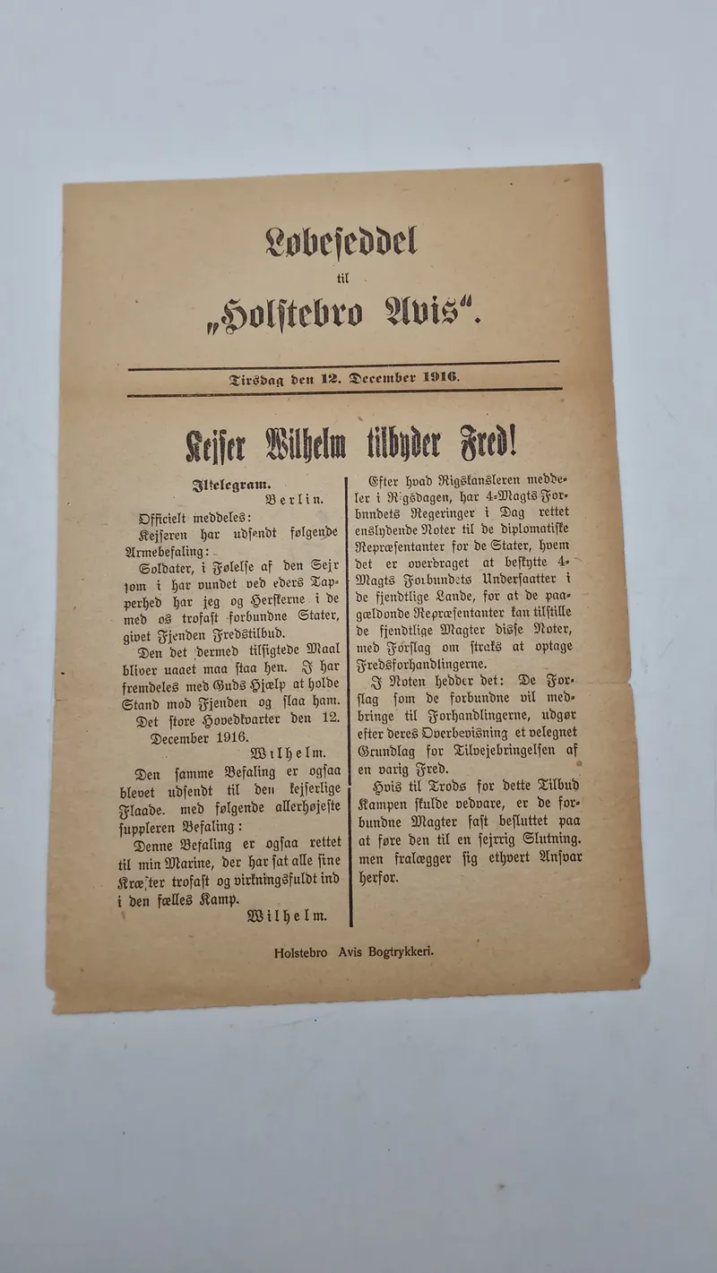 Original “spiseseddel” fra 1926 (Holstebro Avis)
