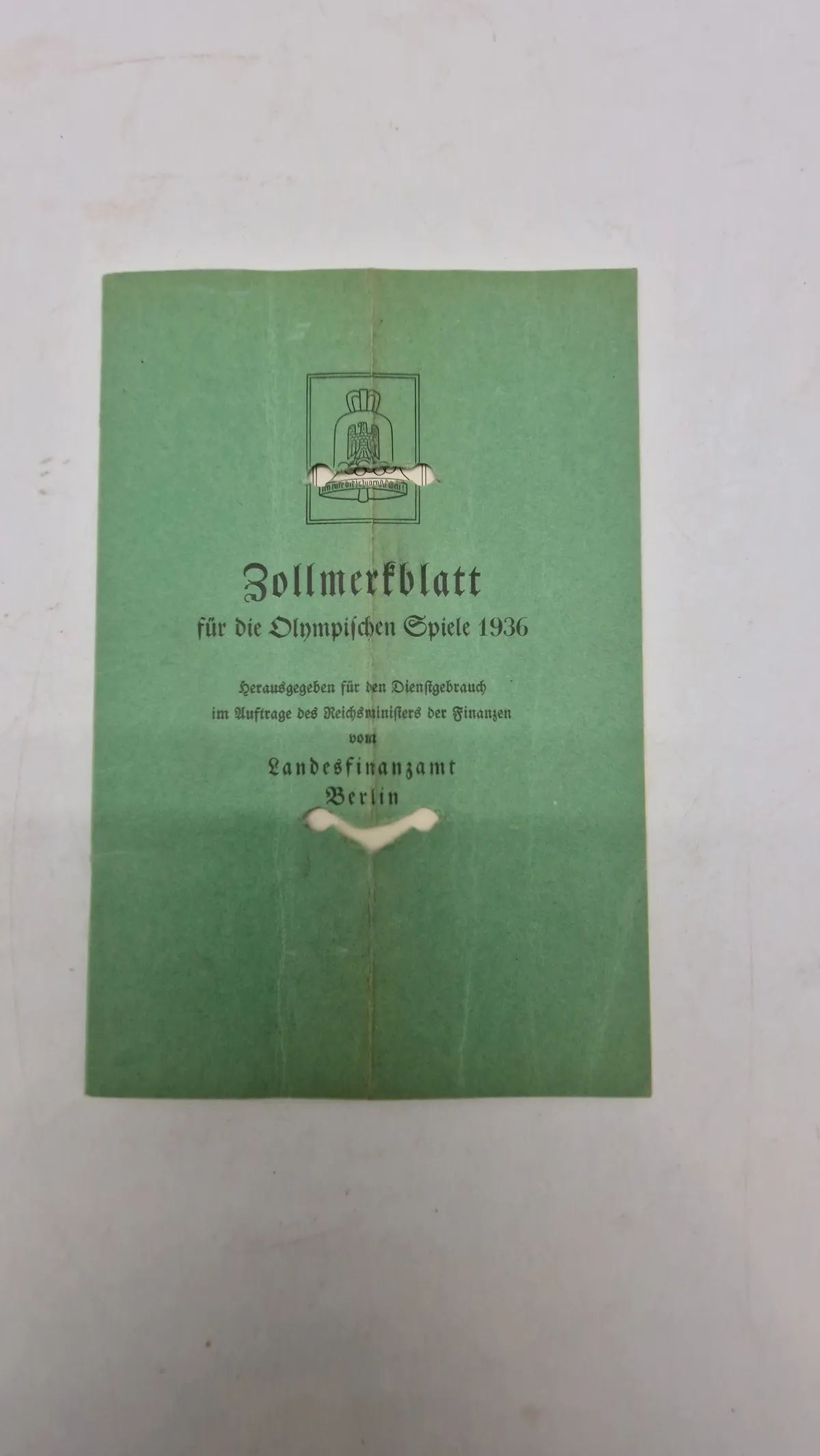 Originalt Zollmerkblatt für die Olympischen Spiele 1936" (Toldnotat for De Olympiske Lege 1936),