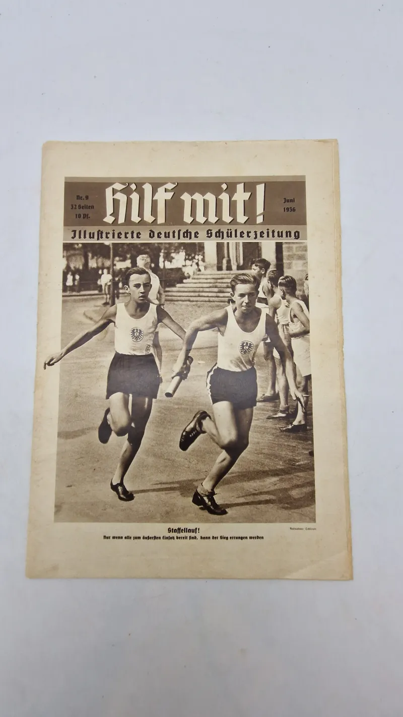 Originalt Hilf mit! Illustrierte deutsche Schülerzeitung" fra juni 1936. Magasinet var en del af "Berliner Illustrirte Zeitung" (BIZ)