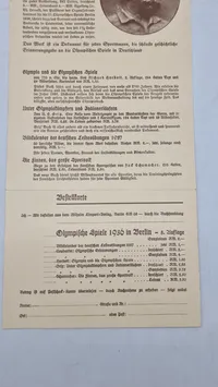 Original bestillings seddel til litteratur mm omhandlende olympiaden 1936