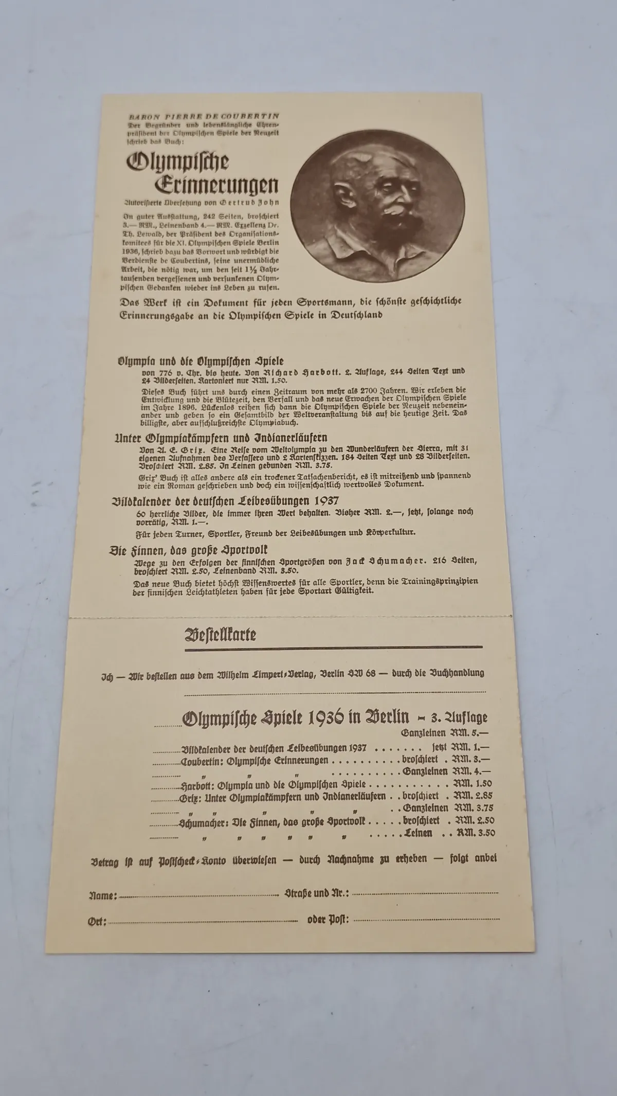 Original bestillings seddel til litteratur mm omhandlende olympiaden 1936