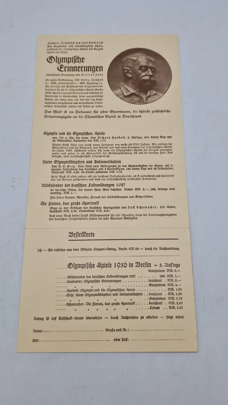 Original bestillings seddel til litteratur mm omhandlende olympiaden 1936
