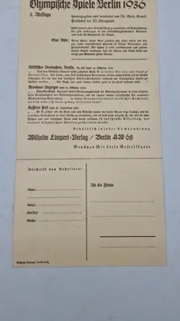Original bestillings seddel til litteratur mm omhandlende olympiaden 1936