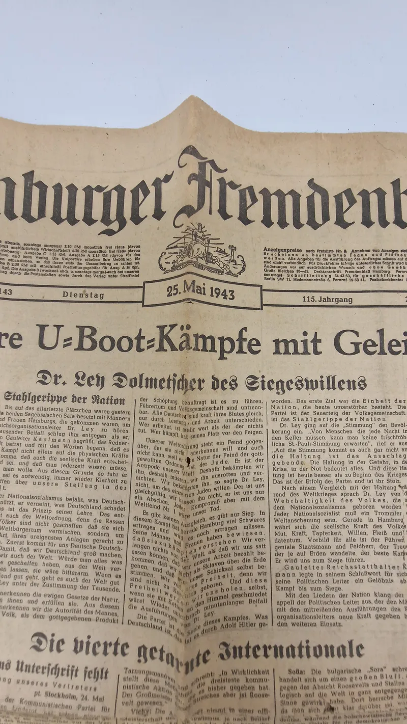 Originalt eks. af "Hamburger Fremdenblatt" fra 1943