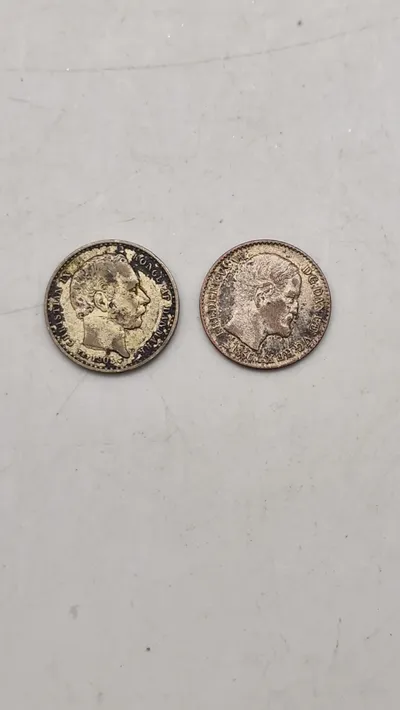 Originale danske sølvmønter, 25 øre fra 1905 & skilling fra 1866