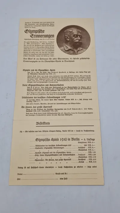 Original bestillings seddel til litteratur mm omhandlende olympiaden 1936