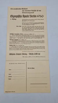 Original bestillings seddel til litteratur mm omhandlende olympiaden 1936