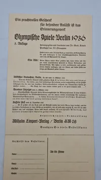 Original bestillings seddel til litteratur mm omhandlende olympiaden 1936