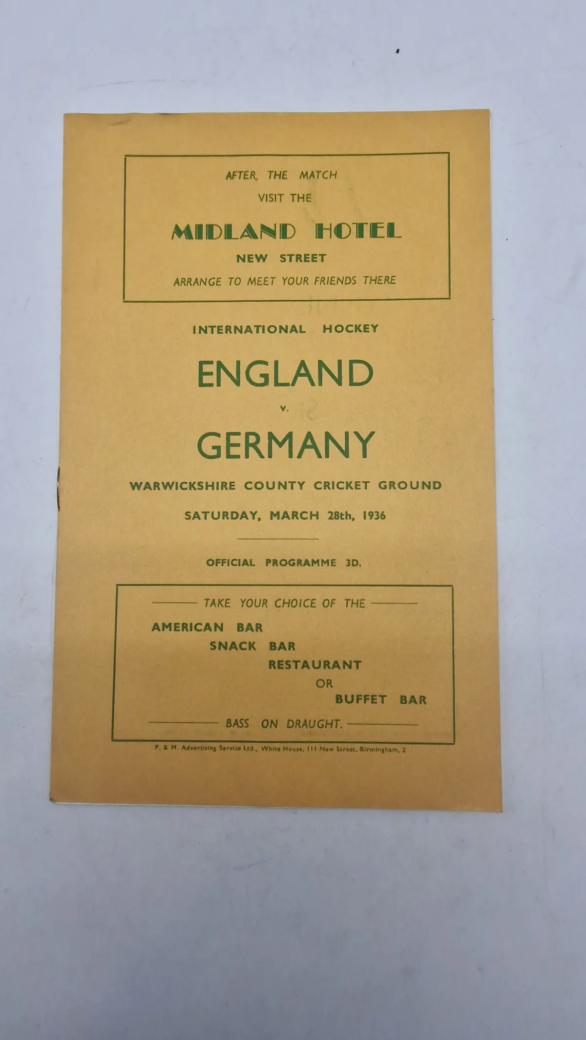 Originalt officielt program for en international hockeykamp mellem England og Tyskland, der blev spillet lørdag den 28. marts 1936 på Warwickshire County Cricket Ground.