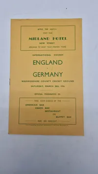 Originalt officielt program for en international hockeykamp mellem England og Tyskland, der blev spillet lørdag den 28. marts 1936 på Warwickshire County Cricket Ground.