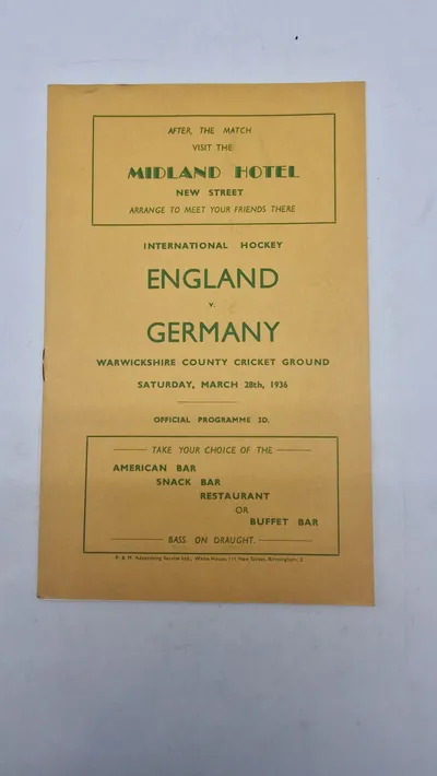 Originalt officielt program for en international hockeykamp mellem England og Tyskland, der blev spillet lørdag den 28. marts 1936 på Warwickshire County Cricket Ground.