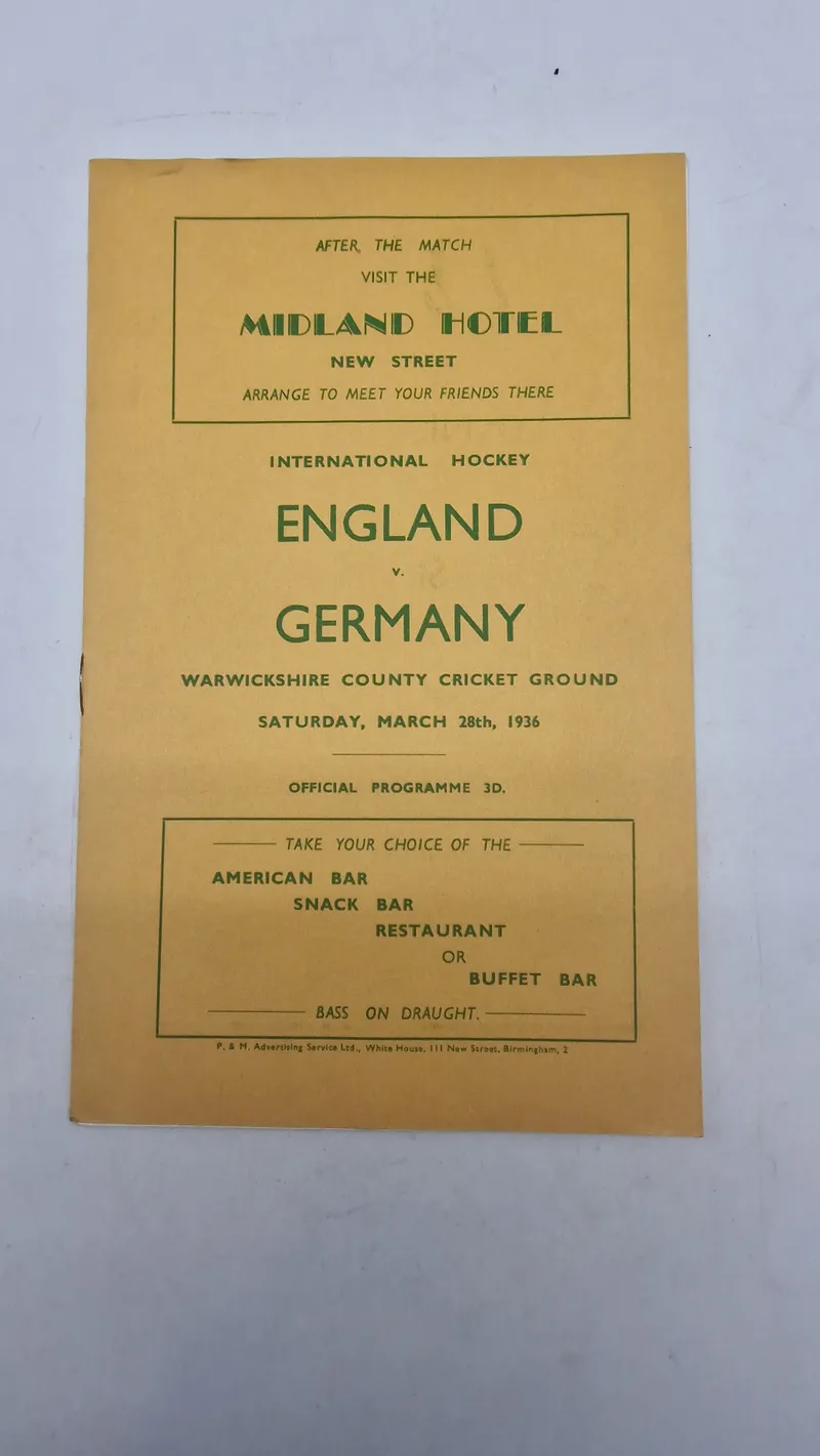Originalt officielt program for en international hockeykamp mellem England og Tyskland, der blev spillet lørdag den 28. marts 1936 på Warwickshire County Cricket Ground.