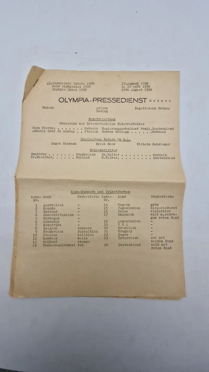 Originalt dokument fra Olympia Pressdienst 1936