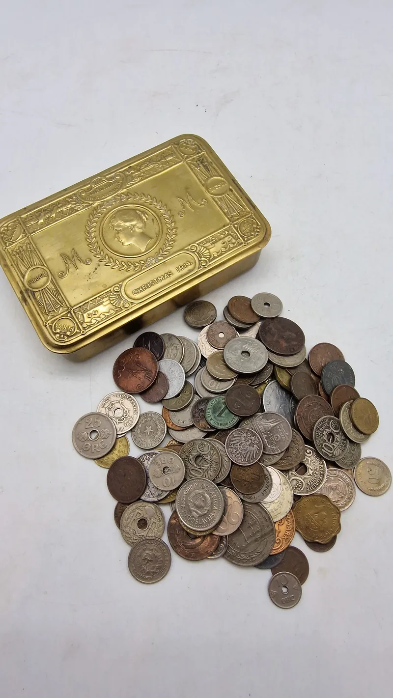 Original WW1 British Army 1914 Christmas Mary Tin med samling mønter