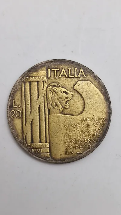 Original 20 lire mønt med motiv af Mussolini