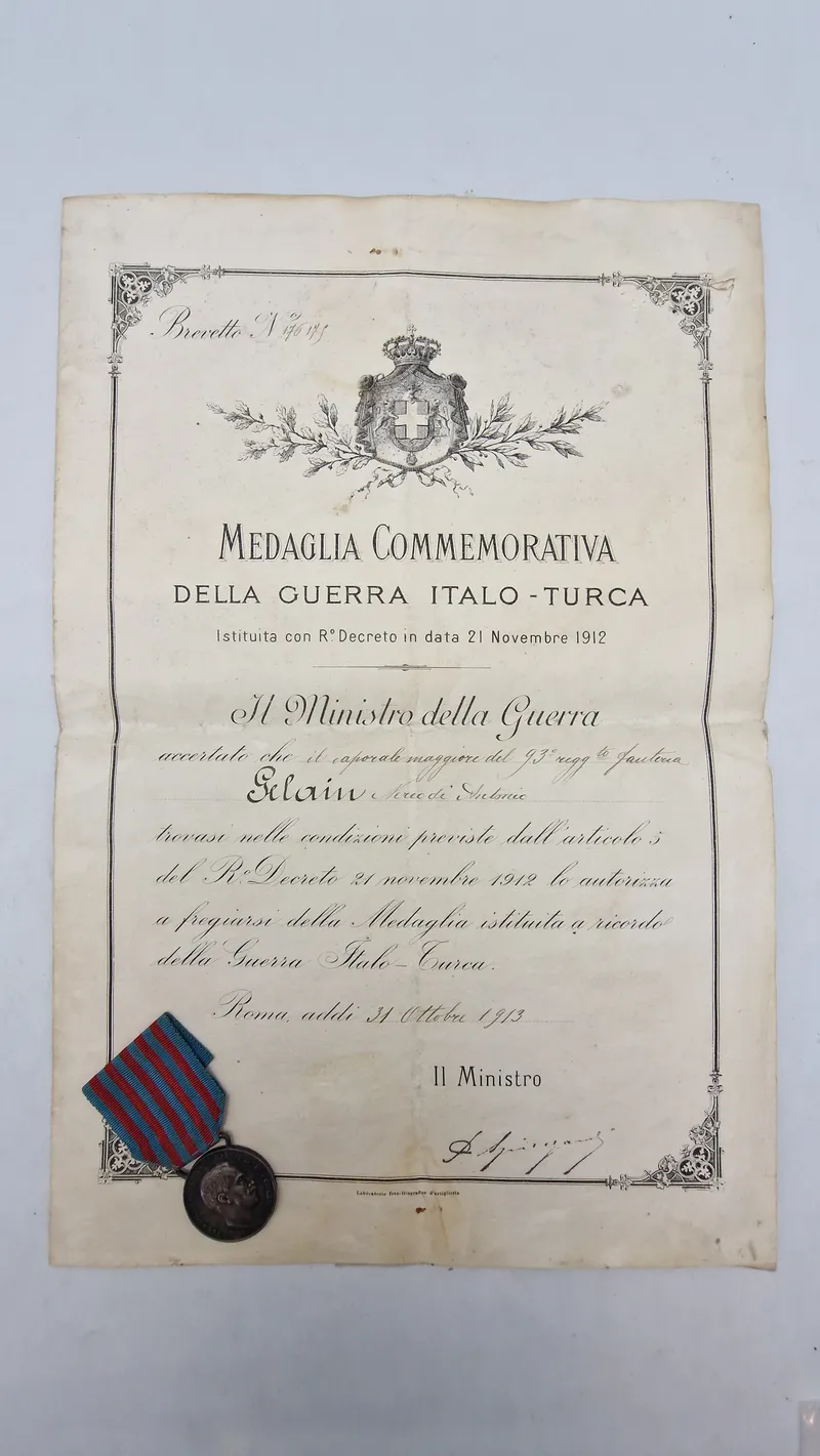 Original Commemorative Medal for den Italo-Tyrkiske Krig samt urkunde
