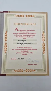 DDR Original Medalje for tro tjeneste i Nationale Volksarmee" (National Folkearmé) samt urkunde